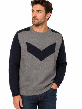 Hugo Boss Grey Wool Chevron Crewneck Sweater Navy Size Medium